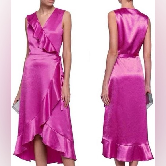 MAJE DE SOIRÉE FUCHSIA RUFFLE WRAP MIDI DRESS SZ US LARGE NWT - Picture 1 of 8
